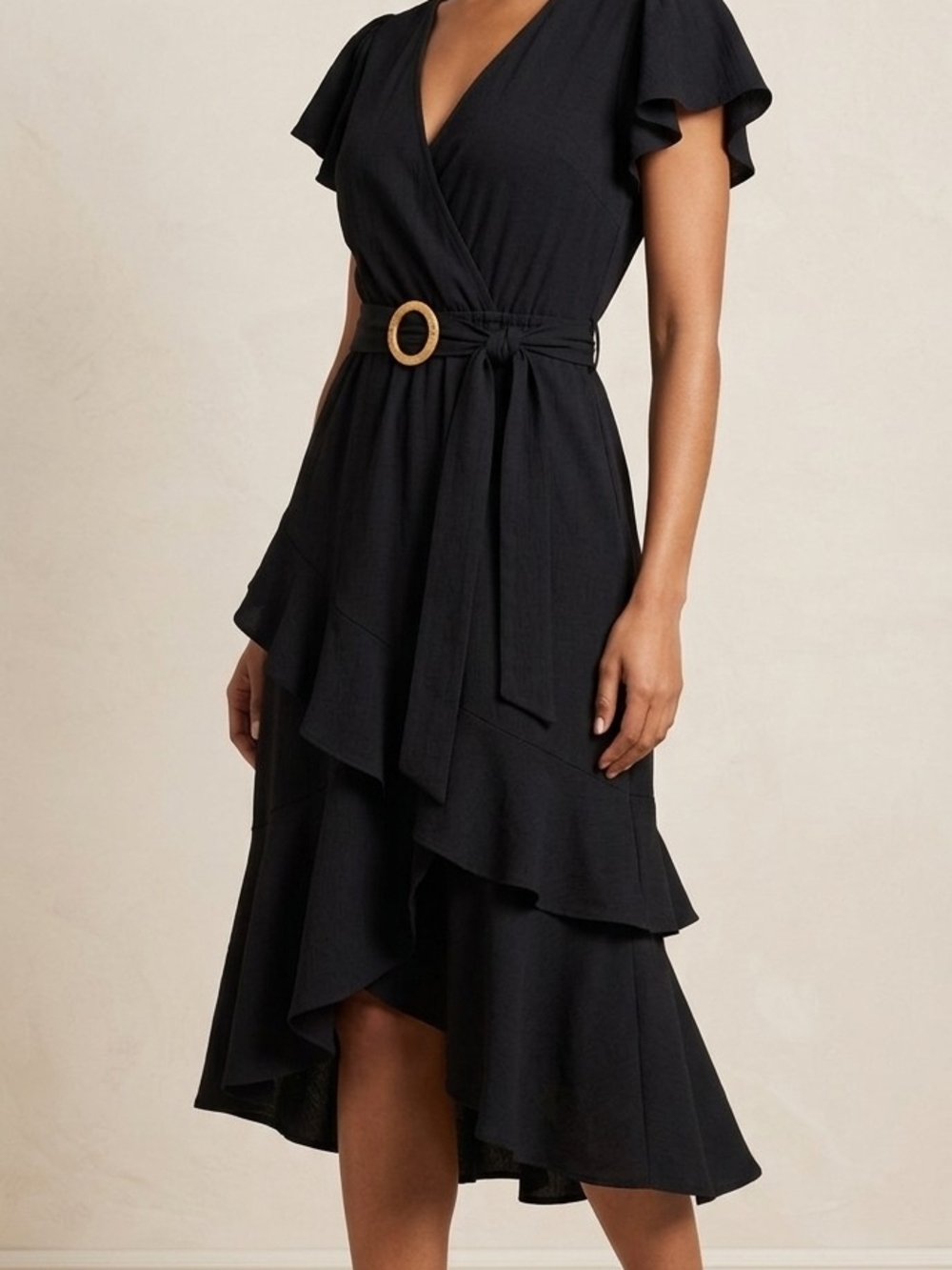 sofia by sofia vergara Black Ruffle High-Low Wrap Dress with Belt